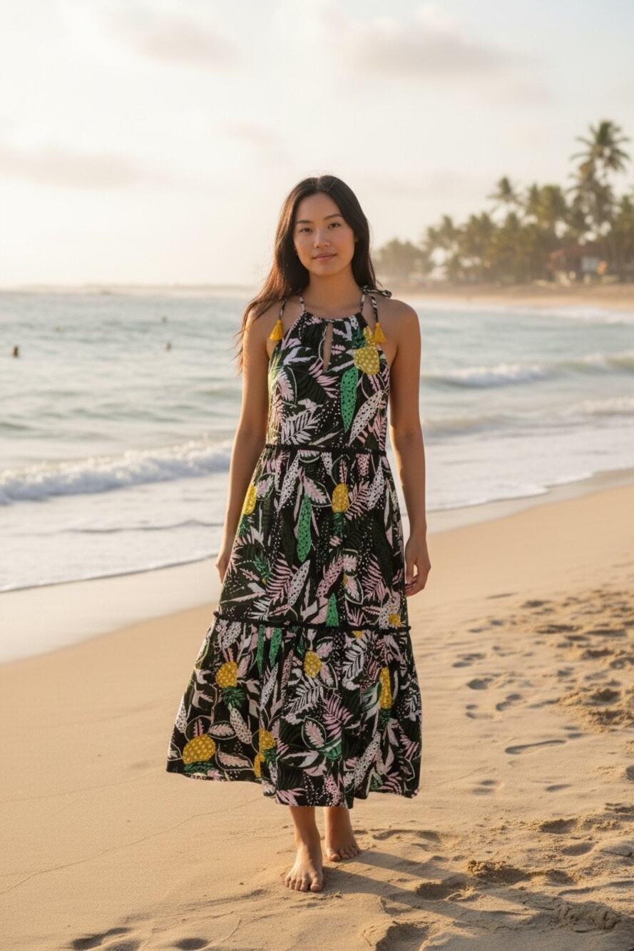 Blue Island Beach Tropical Leaf Pineapple Print Maxi Dress Tassel Straps Medium